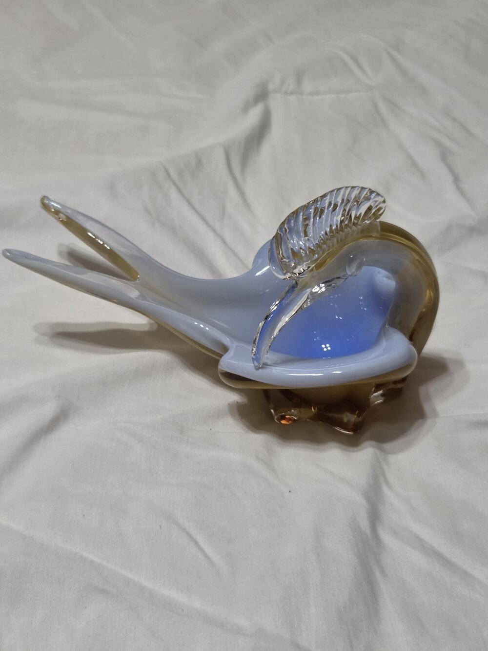 Handblown Studio Art Glass Amber Road Runner Candy Dish Light Blue & White